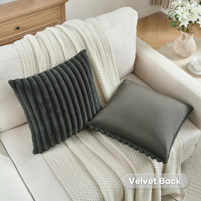 FUTEI Dark Grey Striped Decorative Throw Pillow Covers 18x18 Inch Set of 2,Square Winter Decorations Couch Pillow Case,Soft Cozy Faux Rabbit Fur & Velvet Back,Modern Home Decor for Bed - Image 4