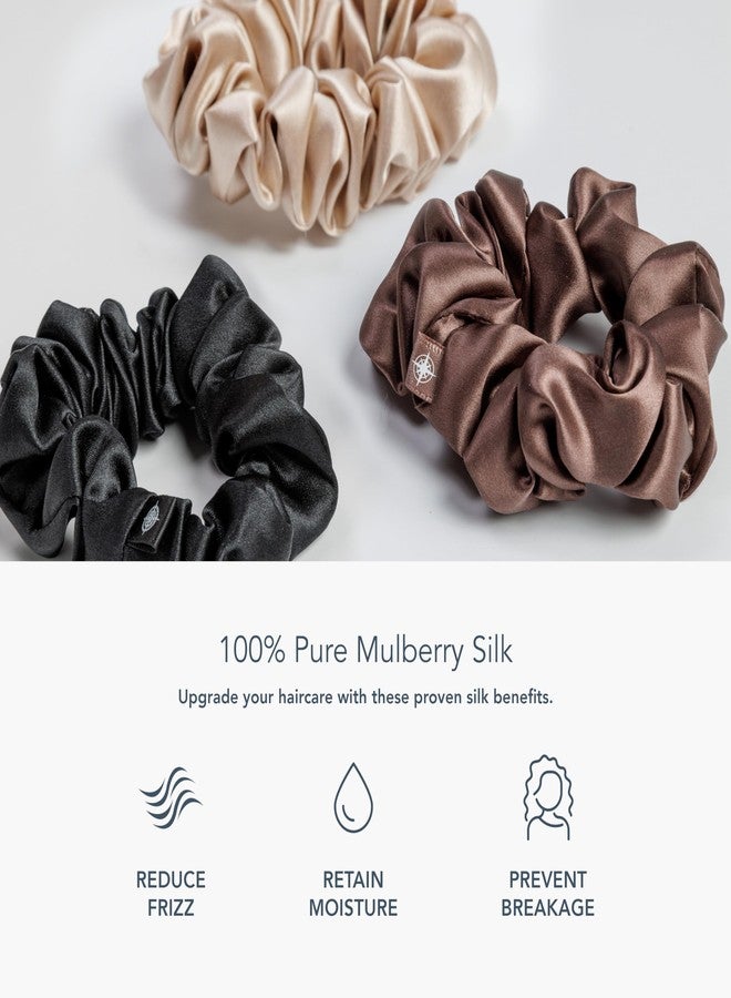 Fishers Finery 25 Momme Pure Mulberry Silk Large Scrunchies - Hair Tie Set, Gentle and Prevents Breakage (Taupe|Chocolate|Black- 3 PK) - Image 2