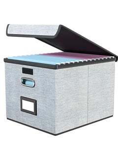 Beauenty File Organizer Box with Lid,Collapsible Linen Filing Box for Letter/Legal Folder/File,Large Capacity File Folder Storage Box,Portable Hanging File Box for Office/Decor/Home(Gray)  - Image 1