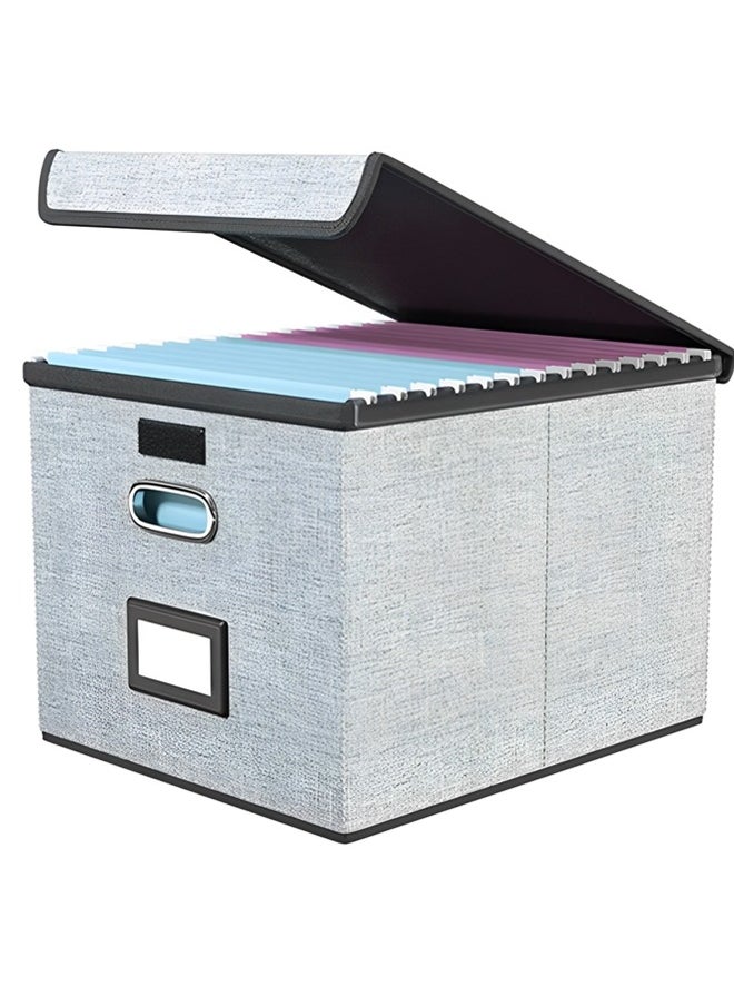 Beauenty - File Organizer Box with Lid,Collapsible Linen Filing Box for Letter/Legal Folder/File,Large Capacity File Folder Storage Box,Portable Hanging File Box for Office/Decor/Home(Gray) - Image 1