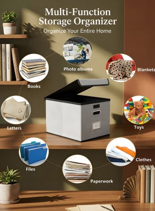 File Organizer Box with Lid,Collapsible Linen Filing Box for Letter/Legal Folder/File,Large Capacity File Folder Storage Box,Portable Hanging File Box for Office/Decor/Home(Gray) - view 4