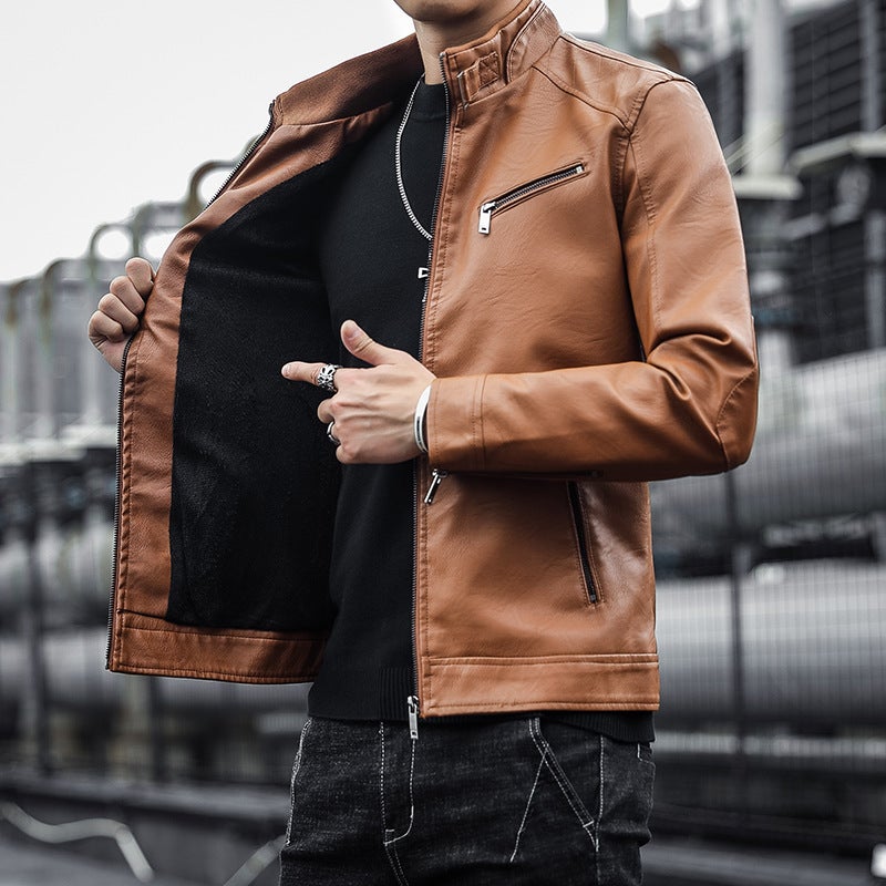 Men'S Pu Leather Men'S Korean Style Casual Men'S Vertical Collar Slim Fit Motorcycle Leather Jacket Pu Jacket For Young Men - Image 1
