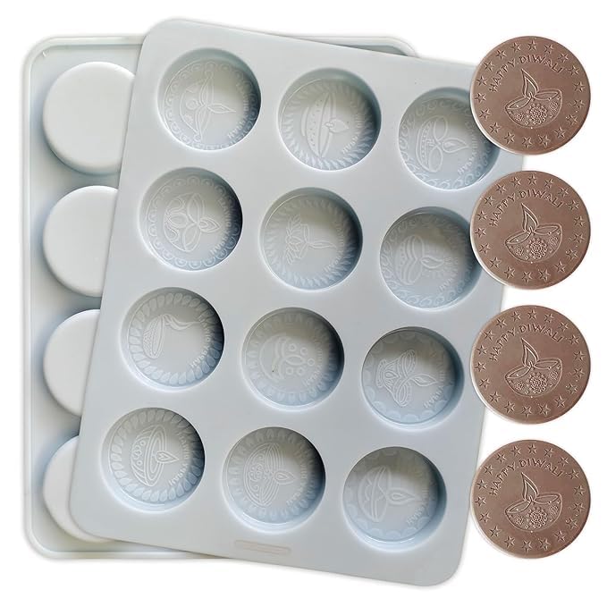 HUSAINI MART 12 Cavity Round Happy Diwali Shape Silicone Mould Coins for Cake Decoration Ice Cream Cupcakes Candy Jelly molds Deepavali Design Chocolate Moulds Pack of 1 - Image 1