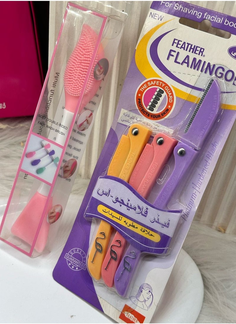 Generic face care set Feather 3 Piece Ladies Razor For Facial And Body Hair Yellow/Pink/Purple + Multifunction Facial Stirring Brush, Soft Silicone Mask Brush, Cosmetics Tools, Face Clean Brush, Face Mask Tools, Double Head Silicone Face Mask Brush random color s9  - Image 2