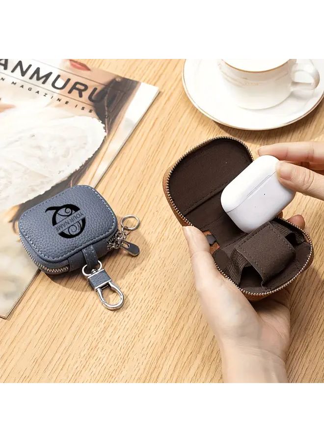 Blue Personalized Initial Earbud Case Custom Name Soft Mesh Pocket Sturdy Zipper Lightweight Durable - Image 2