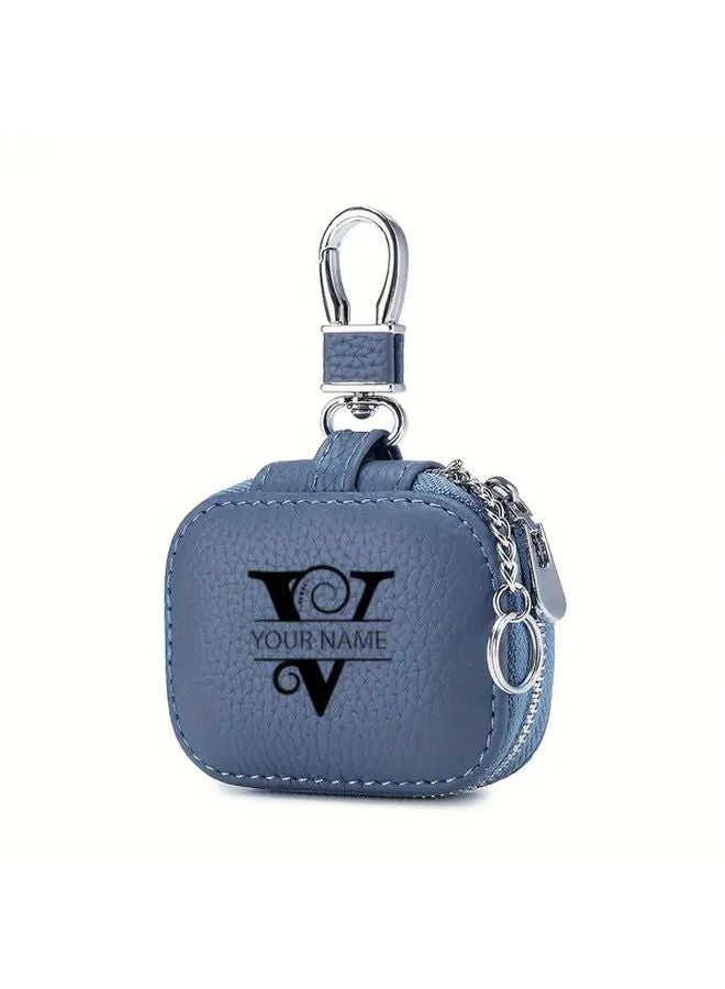 Blue Personalized Initial Earbud Case Custom Name Soft Mesh Pocket Sturdy Zipper Lightweight Durable - Image 1