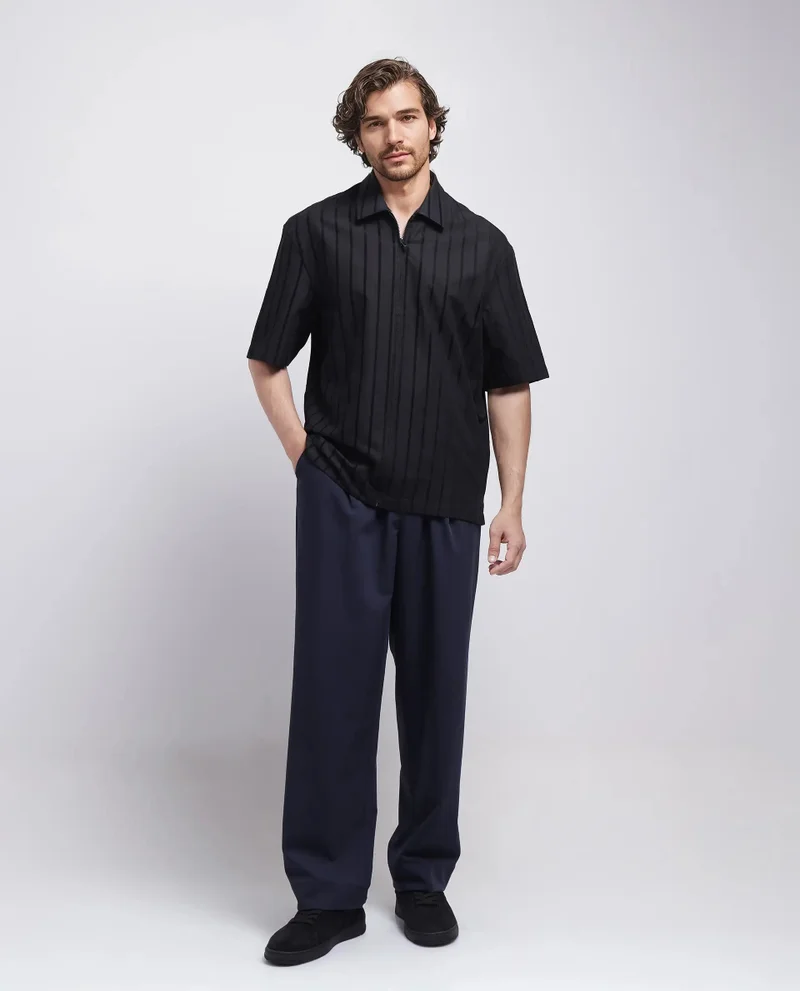 Rare Rabbit Rare Rabbit Men's Tenerz Black Cotton Fabric Half Sleeve Spread Collar Boxy Fit Striped Shirt