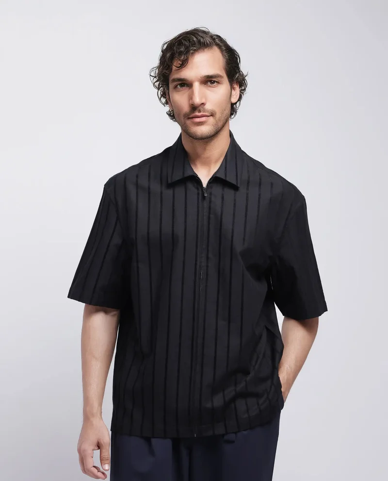 Rare Rabbit Rare Rabbit Men's Tenerz Black Cotton Fabric Half Sleeve Spread Collar Boxy Fit Striped Shirt
