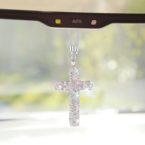 ZIMISI Bling Cross Car Hanging Ornament Crystal Rhinestone Car Rearview Mirror Pendant for Women Diamond Rear View Mirror Charm Present Universal Vehicle Interior Decoration Accessory White - Image 1