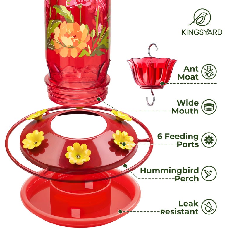Kingsyard Hummingbird Feeder for Outdoor Hanging - Charming Patterned Glass Humming Bird Feeder with 6 Feeding Ports and Ant Moat, Ideal Gift Choice for Bird Lovers, Red - Image 3