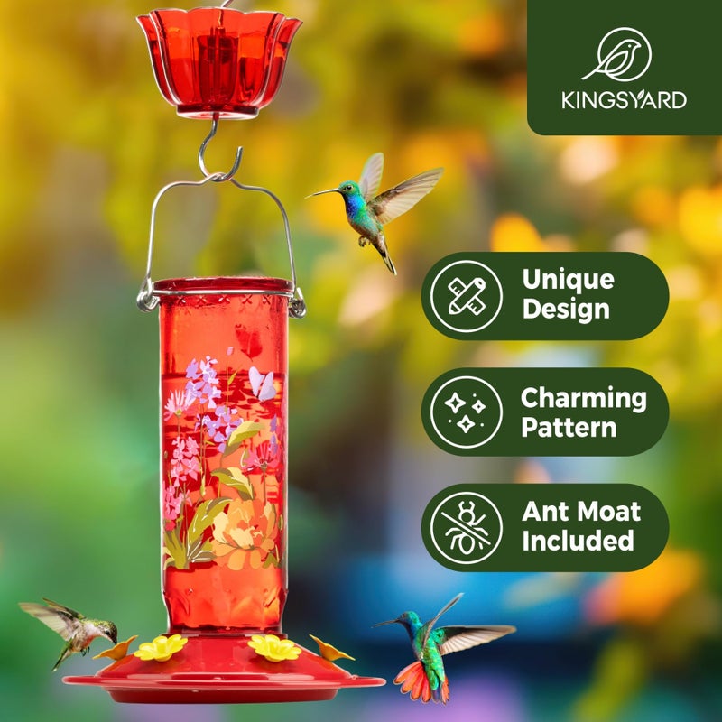 Kingsyard Hummingbird Feeder for Outdoor Hanging - Charming Patterned Glass Humming Bird Feeder with 6 Feeding Ports and Ant Moat, Ideal Gift Choice for Bird Lovers, Red - Image 2