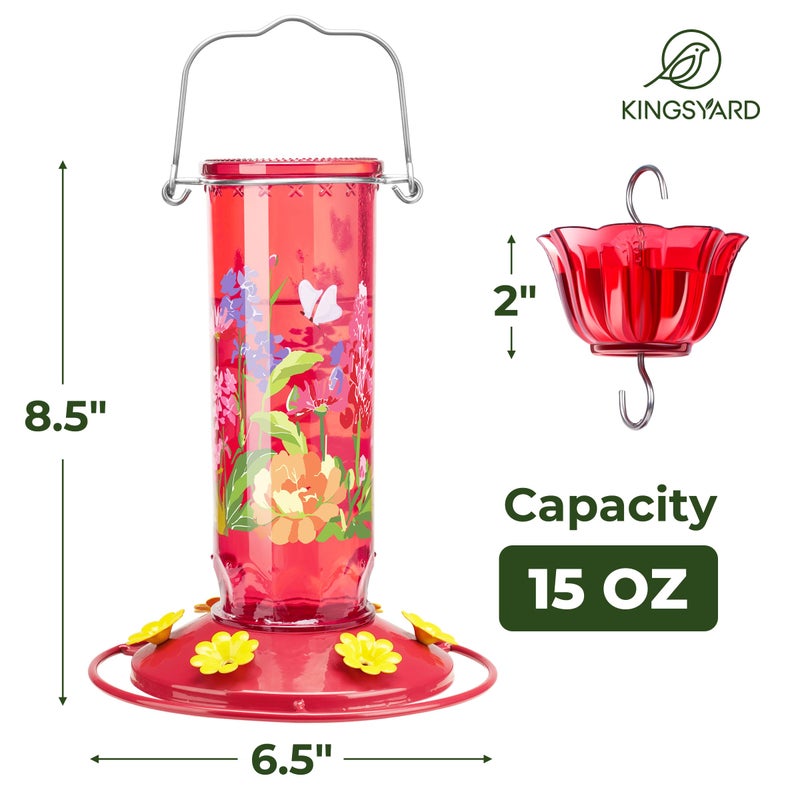 Kingsyard Hummingbird Feeder for Outdoor Hanging - Charming Patterned Glass Humming Bird Feeder with 6 Feeding Ports and Ant Moat, Ideal Gift Choice for Bird Lovers, Red - Image 4
