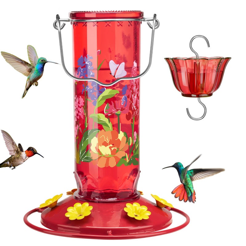 Kingsyard Hummingbird Feeder for Outdoor Hanging - Charming Patterned Glass Humming Bird Feeder with 6 Feeding Ports and Ant Moat, Ideal Gift Choice for Bird Lovers, Red - Image 1