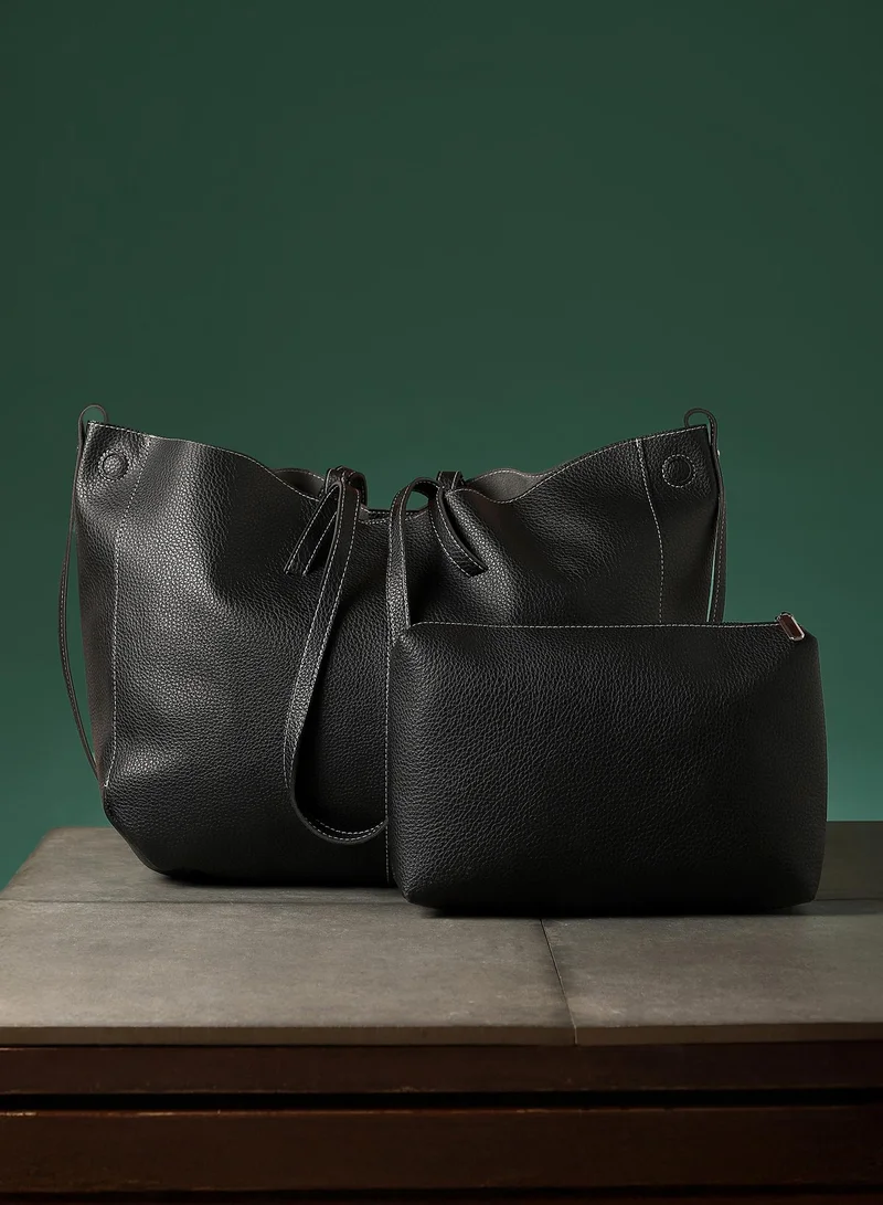 Contrast Stitch Tote Pouch Set