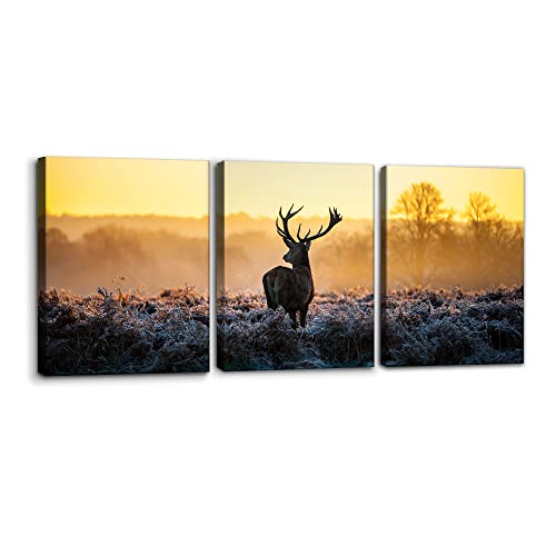Pacimo Canvas Print Wall Art 3 Pieces Set Deer in Golden Light at Dawn Nature Wilderness Photography Realism Rustic Scenic Relax/Calm Multicolor for Living Room Bedroom Office Decor - 12" x 16" x 3 - Image 1