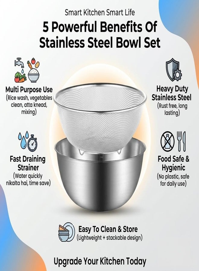 Gyanadh Stainless Steel Mixing Bowl with Mesh Strainer Set Large Kitchen Colander Bowl Combo for Washing Rice Fruits Vegetables Pasta Salad Baking Prep Nesting Durable Rust Resistant - Image 3