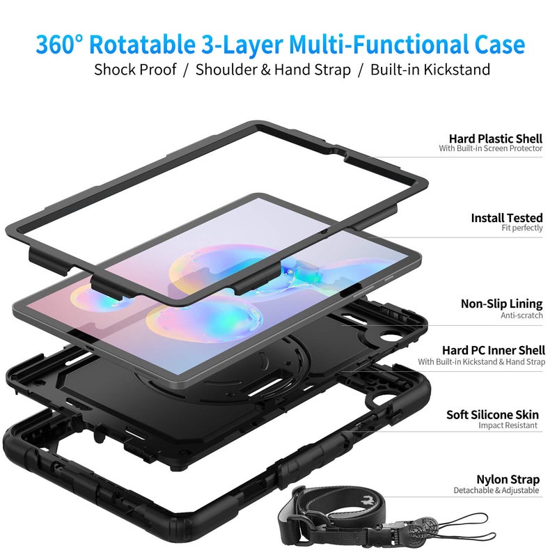 Timecity Case for Samsung Galaxy Tab S6 Lite 10.4'' 2024/2022/2020 (SM-P620/P610/P613/P615), Durable Sturdy Protective Case with Screen Protector, Rotating Stand, Hand/Shoulder Strap- Black - Image 3