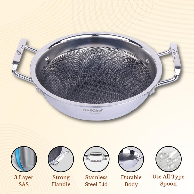 Omichef أوميشيف بريماكس 22 سم 21 لتر كادهاي ثلاثي الفولاذ المقاوم للصدأ بتصميم خلية النحل مع غطاء 22 سم متوافق مع الحث غير لاصق متين تسخين متساوي أواني طهي من الفولاذ المقاوم للصدأ الفاخر للطهي الصحي - Image 4
