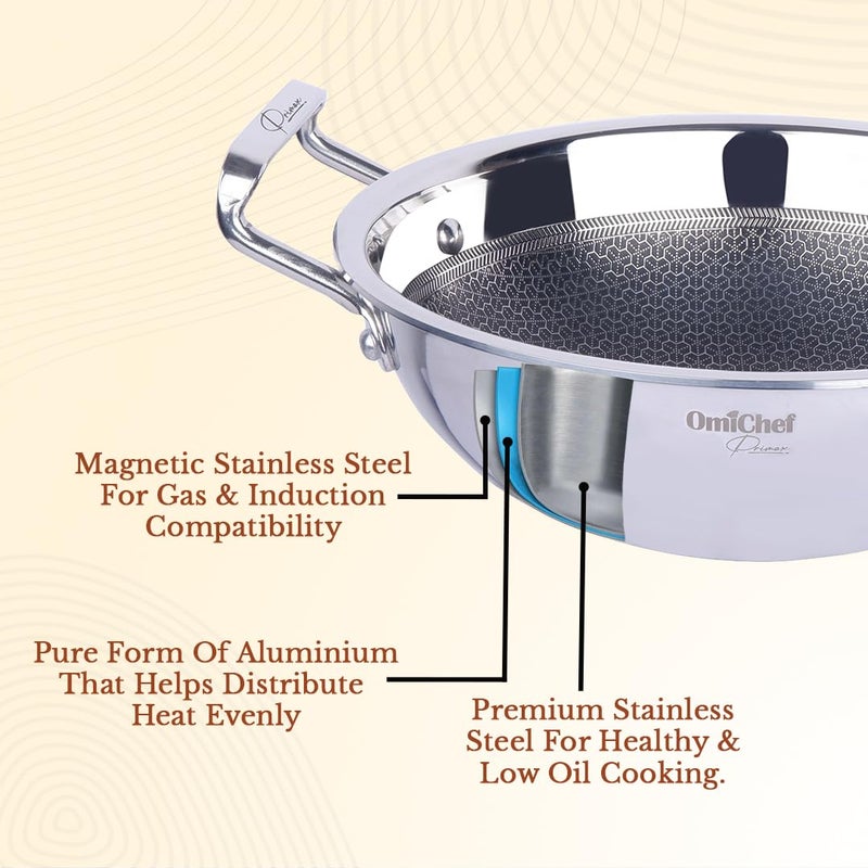 Omichef أوميشيف بريماكس 22 سم 21 لتر كادهاي ثلاثي الفولاذ المقاوم للصدأ بتصميم خلية النحل مع غطاء 22 سم متوافق مع الحث غير لاصق متين تسخين متساوي أواني طهي من الفولاذ المقاوم للصدأ الفاخر للطهي الصحي - Image 5
