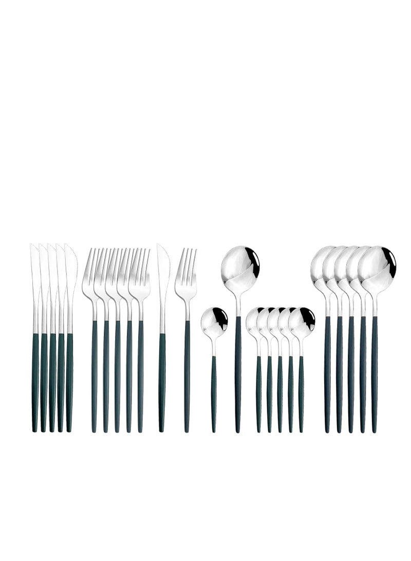 MahMir® Flatware Serving Set 24 Piece, Stainless Steel Silverware Set, Green Gold Cutlery Set, Modern Elegant Tableware Set for Party, Christmas, Dinner (Green Silver) - Image 1