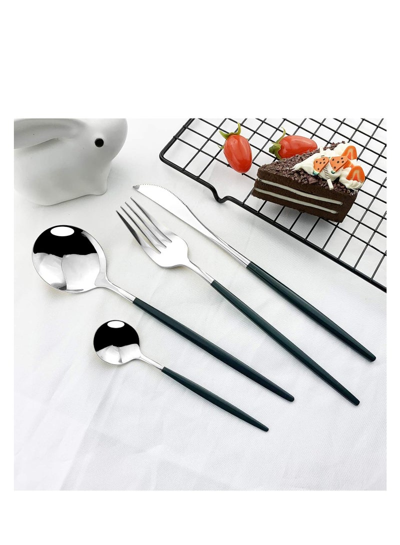 MahMir® Flatware Serving Set 24 Piece, Stainless Steel Silverware Set, Green Gold Cutlery Set, Modern Elegant Tableware Set for Party, Christmas, Dinner (Green Silver) - Image 2