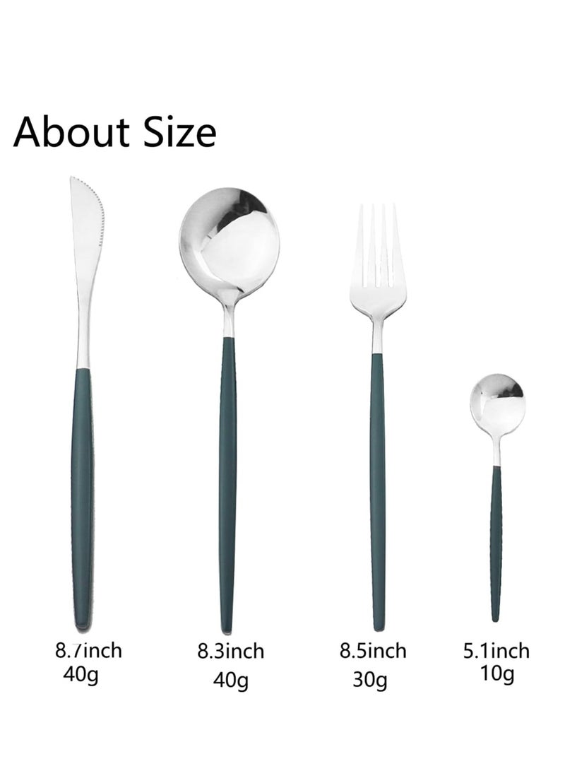 MahMir® Flatware Serving Set 24 Piece, Stainless Steel Silverware Set, Green Gold Cutlery Set, Modern Elegant Tableware Set for Party, Christmas, Dinner (Green Silver) - Image 3