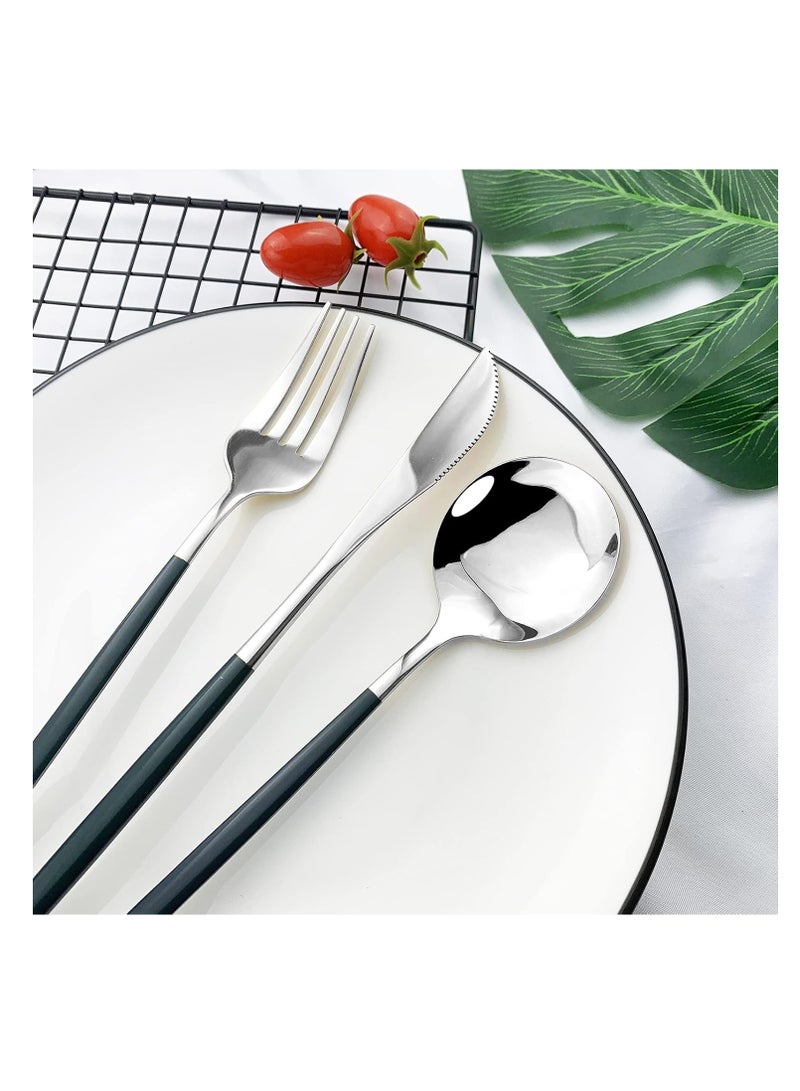 MahMir® Flatware Serving Set 24 Piece, Stainless Steel Silverware Set, Green Gold Cutlery Set, Modern Elegant Tableware Set for Party, Christmas, Dinner (Green Silver) - Image 5