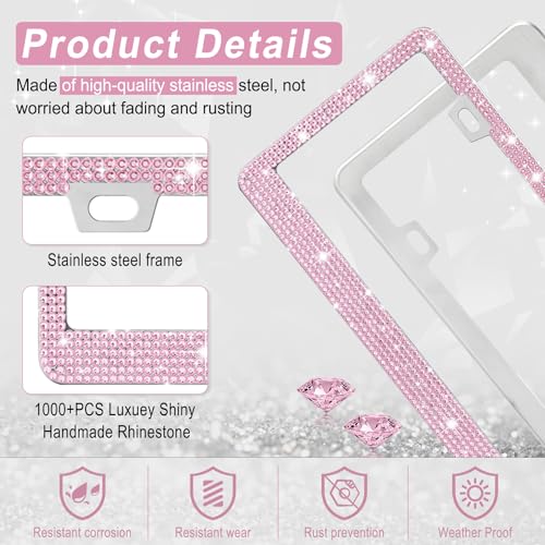 Amiss Bling License Plate Frame for Women, 2Pack Rhinestone Handcrafted Crystal Premium Stainless Steel, Stainless Steel Car Accessories with Diamond Sparkle Glitter Caps (Pink) - Image 3