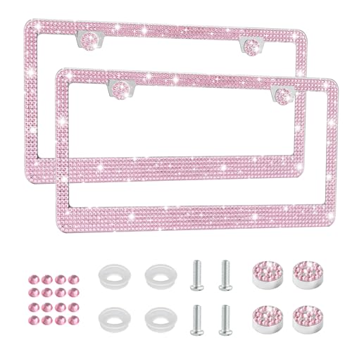 Amiss Bling License Plate Frame for Women, 2Pack Rhinestone Handcrafted Crystal Premium Stainless Steel, Stainless Steel Car Accessories with Diamond Sparkle Glitter Caps (Pink) - Image 1