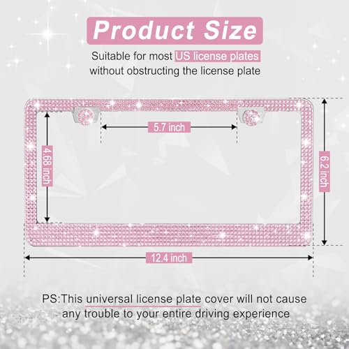 Amiss Bling License Plate Frame for Women, 2Pack Rhinestone Handcrafted Crystal Premium Stainless Steel, Stainless Steel Car Accessories with Diamond Sparkle Glitter Caps (Pink) - Image 2