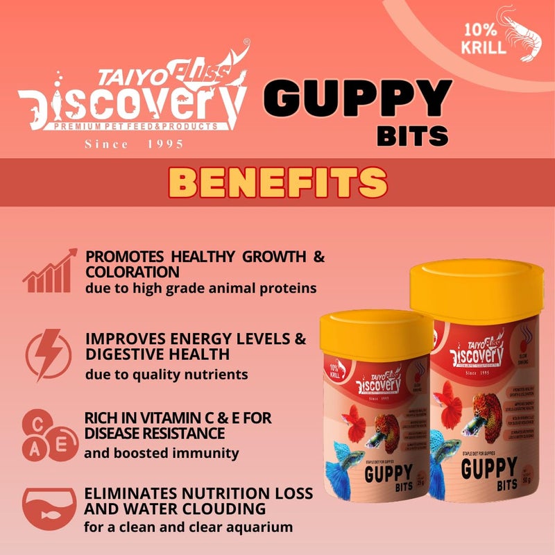 taiyo pluss discovery Guppy Bits - 25 g (Pack of 3) | Staple Diet for Guppies | Slow Sinking Food for Guppies, Mollys, Barb, Tetra and All Small Surface Eating Fishes - Image 4