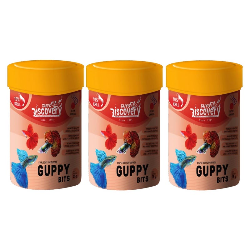 taiyo pluss discovery Guppy Bits - 25 g (Pack of 3) | Staple Diet for Guppies | Slow Sinking Food for Guppies, Mollys, Barb, Tetra and All Small Surface Eating Fishes - Image 1