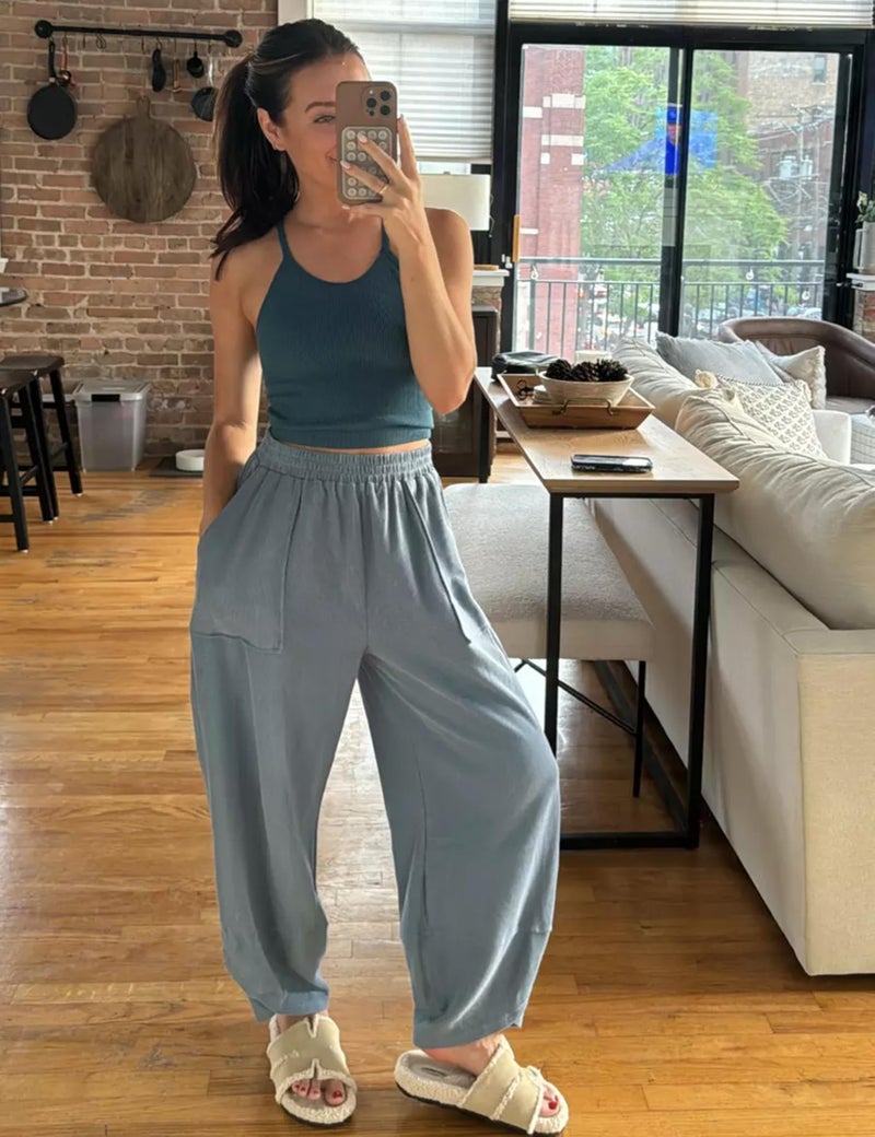 Himosyber Women Cotton Pants Wide Leg Pants Casual Loose Baggy Elastic Waist Beach Palazzo Harem Pants (Dustyblue-Small) - Image 5