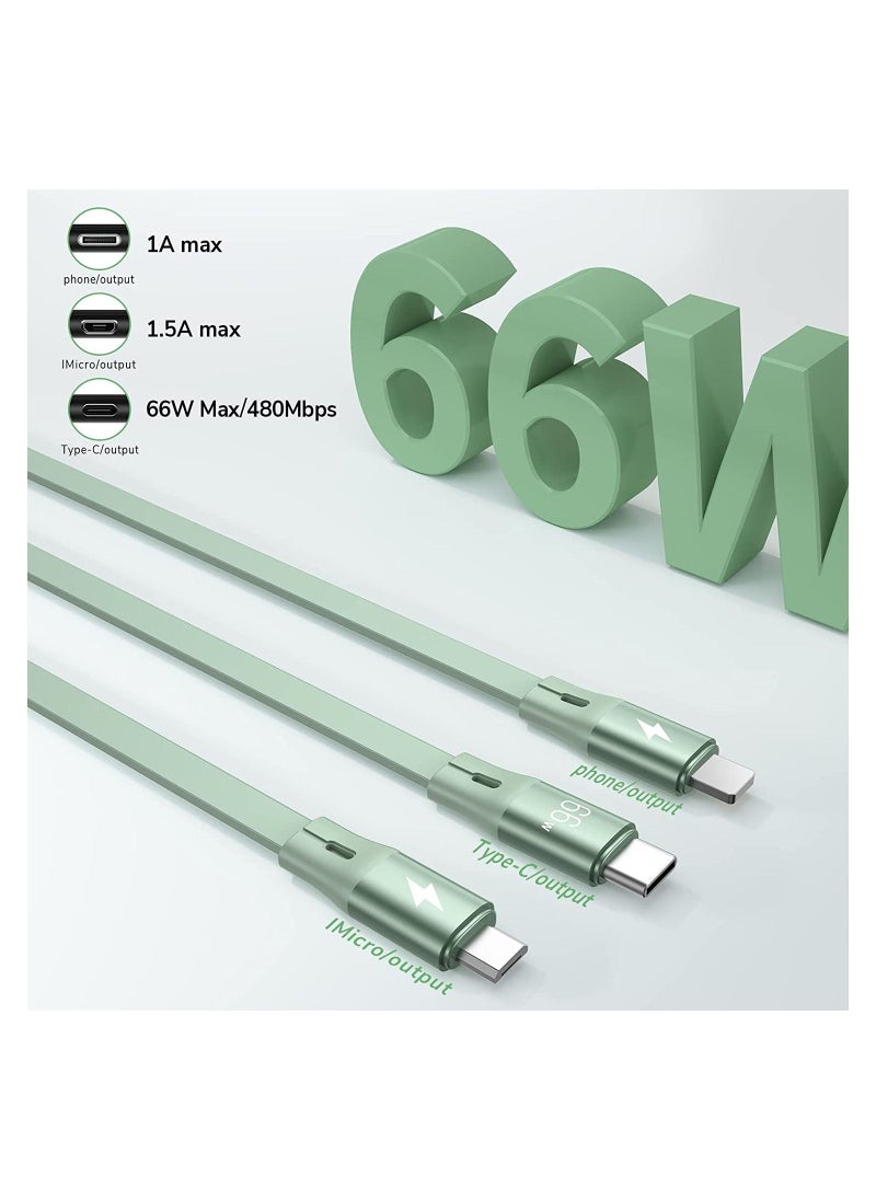 Generic - 3-in-1 Retractable Flat Cable Adjustable Length Universal Multiple Fast Charging 66w Cord Adapter Type-C Micro Compatible with Cell Phones Tablets and More (Charging Only) (Green) - Image 1
