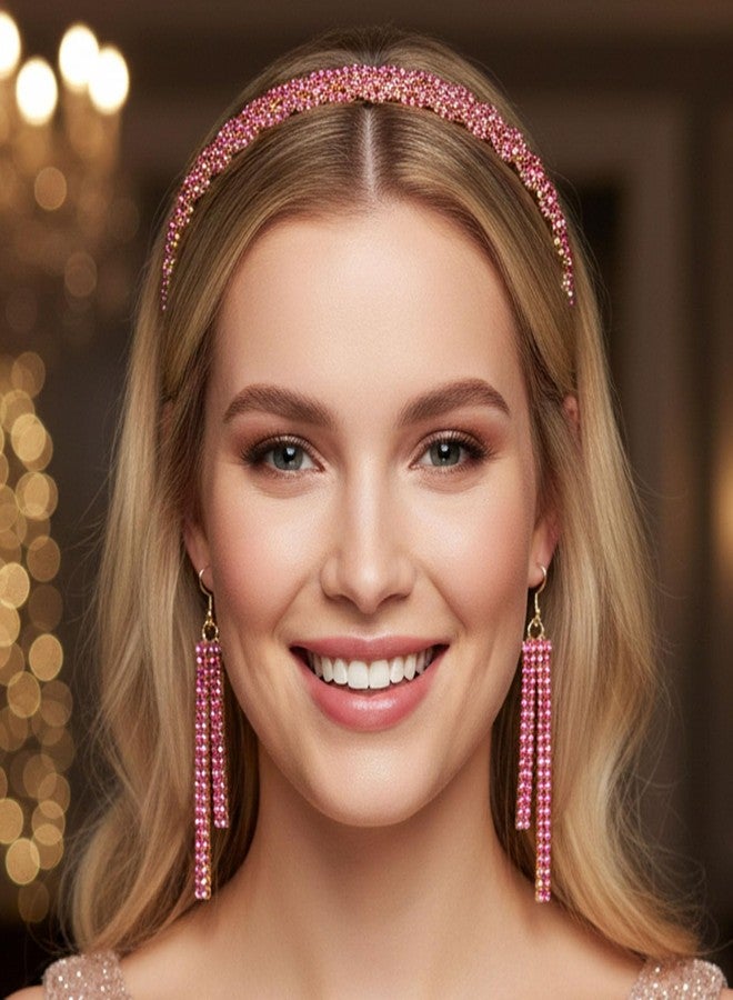 Fstrend Rhinestone Elastic Headband with Tassel Earrings Set, Gold Braided Hairband, Sparkling Head Chain for Women, Pink - Image 1