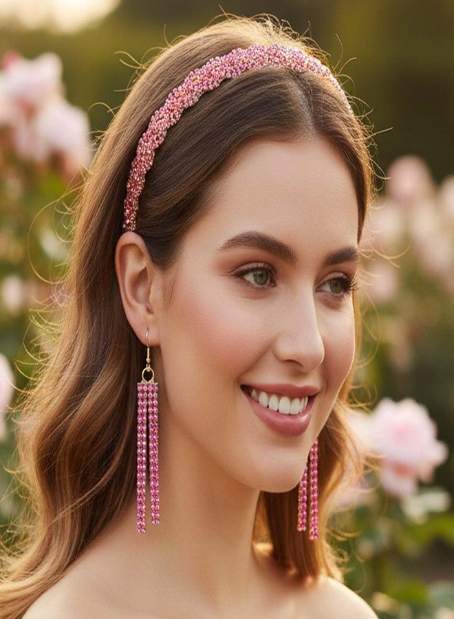 Fstrend Rhinestone Elastic Headband with Tassel Earrings Set, Gold Braided Hairband, Sparkling Head Chain for Women, Pink - Image 2