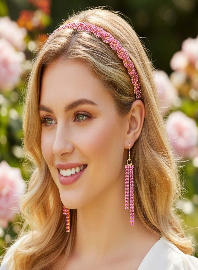 Fstrend Rhinestone Elastic Headband with Tassel Earrings Set, Gold Braided Hairband, Sparkling Head Chain for Women, Pink - Image 4