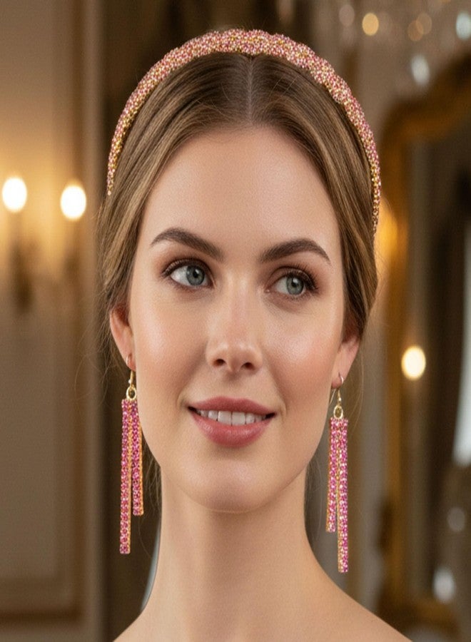 Fstrend Rhinestone Elastic Headband with Tassel Earrings Set, Gold Braided Hairband, Sparkling Head Chain for Women, Pink - Image 3