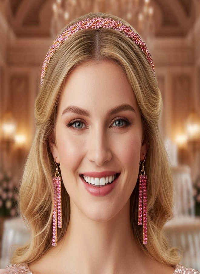 Fstrend Rhinestone Elastic Headband with Tassel Earrings Set, Gold Braided Hairband, Sparkling Head Chain for Women, Pink - Image 5