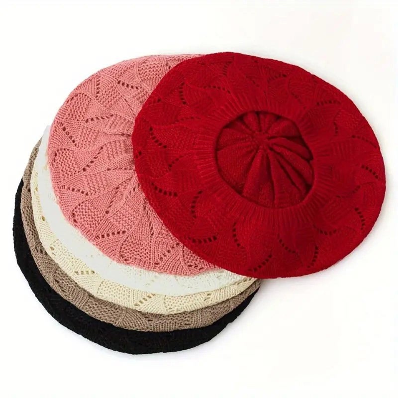 Red Knitted Beret Cap for Women French Style Fashion Headwear Painter Hat Spring Autumn - Image 4