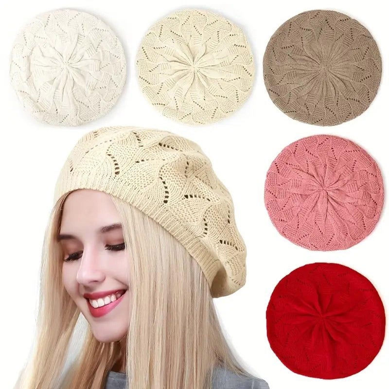 Red Knitted Beret Cap for Women French Style Fashion Headwear Painter Hat Spring Autumn - Image 3
