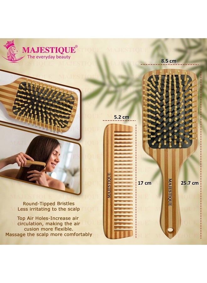MAJESTIQUE Paddle Detangling Hair Brush With Comb, Anti-Frizz Styling Combo For Curly Fine Wavy Normal Hair, Scalp Massage Brush, Wet Or Dry Use, Bamboo Bristles, Fiber Made - 2Pcs  - Image 2