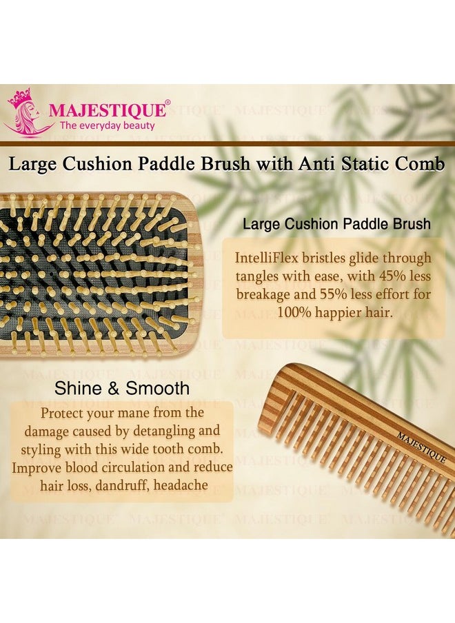 MAJESTIQUE Paddle Detangling Hair Brush With Comb, Anti-Frizz Styling Combo For Curly Fine Wavy Normal Hair, Scalp Massage Brush, Wet Or Dry Use, Bamboo Bristles, Fiber Made - 2Pcs  - Image 3