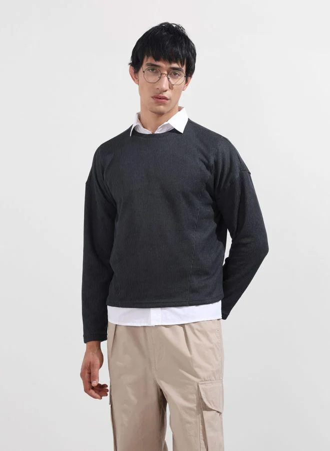 شركة المرآب الهندية Men Boxy Fit Textured Crew Neck Full Sleeves T-Shirt