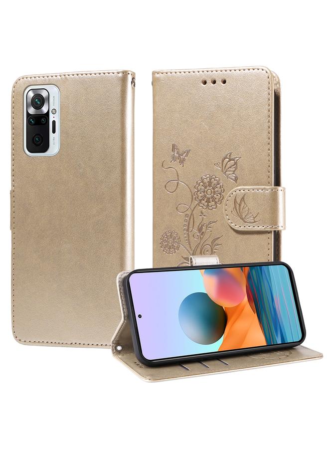 جراب جلدي لهاتف Redmi Note 10 Pro 4G / Note 10 Pro Max منقوش عليه زهور الفراشة (ذهبي)
