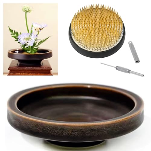 Japanese Classical Ikebana Vase Kit Minimalist Ceramics Flower Pot Flower Shallow Container with 24inch Flower Frog and 2in1 Flower Arrangement Kenzan Needle Straightening Tool
