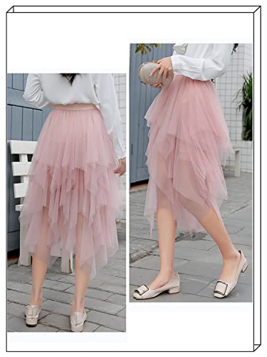 Reaowazo Tulle Skirts for Women Midi Long Fairy Skirt Tutu A-Line Mesh Layered High Elastic Waist Halloween Skirts Pink One Size - Image 4