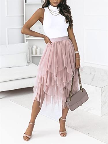 Reaowazo Tulle Skirts for Women Midi Long Fairy Skirt Tutu A-Line Mesh Layered High Elastic Waist Halloween Skirts Pink One Size - Image 2