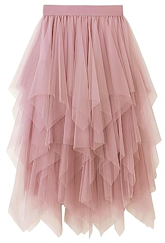 Reaowazo Tulle Skirts for Women Midi Long Fairy Skirt Tutu A-Line Mesh Layered High Elastic Waist Halloween Skirts Pink One Size - Image 1