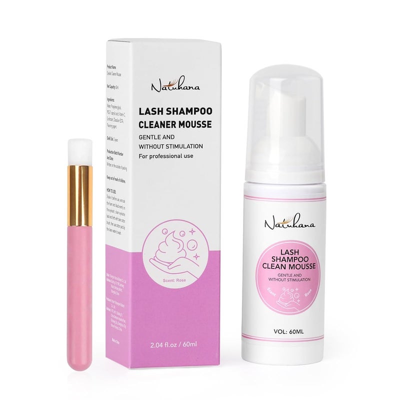 Natuhana Lash Shampoo Kit + Brush for Eyelash Extension, 2.04 fl.oz/60ml Gentle Cleaning Foam Eyelid Cleanser, Natural Lashes and Safe Makeup Remover for Salon Use and Home Care 